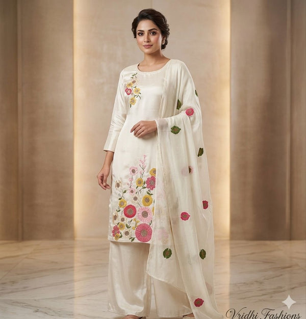 Pure Simmer Silk with Thread work and same fabric Plazo and a beautiful chiffon dupatta with thread work