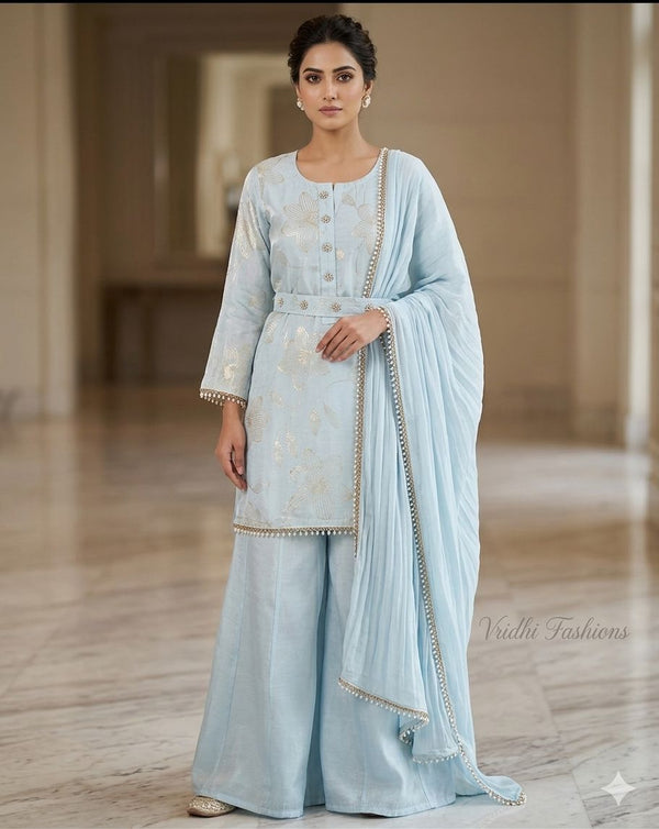 Pure Simmer silk with self print and same fabric sharara with a beautiful chiffon dupatta
