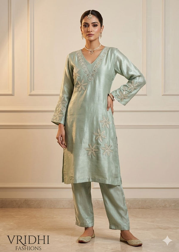 Full stitched Pure simmer silk party wear cord set with hand work and same fabric bottom