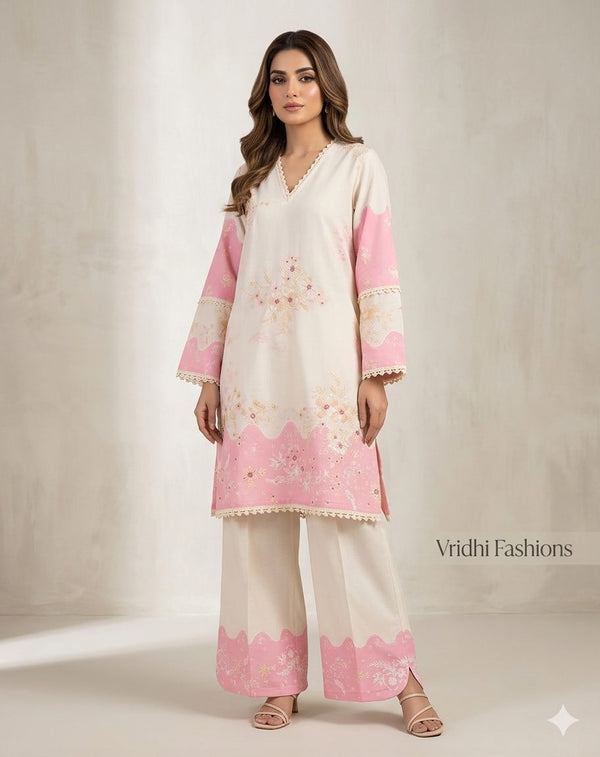 Full stitched Pure Cotton printed Cord Set with knot and thread work and same fabric bottom