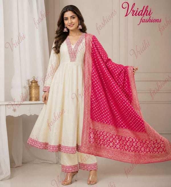 Full Stitched Pure Simmer Silk Short Anarkali with zari work and same fabric bottom with work and organza dupatta with banarsi weaving