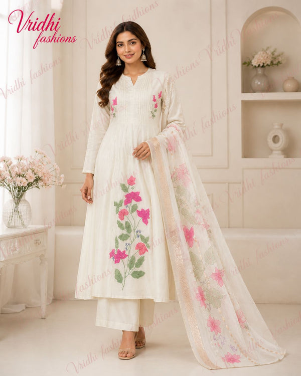 Full Stitched Pure Masleen Cotton Short Anarkali with thread work and same fabric bottom with work and pure organza digital print Dupatta