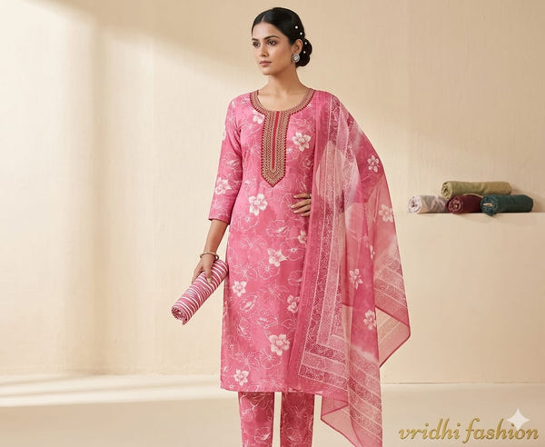 Unstitched pure cotton fabric suit with hand work with cotton bottom and pure chiffon dupatta