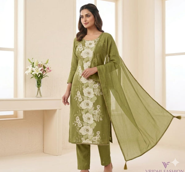 Unstitched pure cotton fabric suit with Sarwoski work with cotton bottom and pure chiffon dupatta  Price