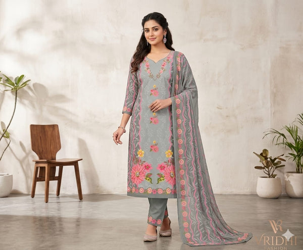 Unstitched pure cotton fabric suit with thread and beautiful printing work with cotton bottom and pure chiffon dupatta