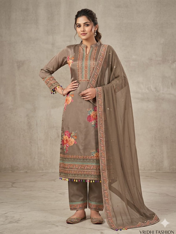 Full Stitched designer suit all original digital print with Sarwoski work on crape fabric and pure cotton bottom with pure chiffon dupatta