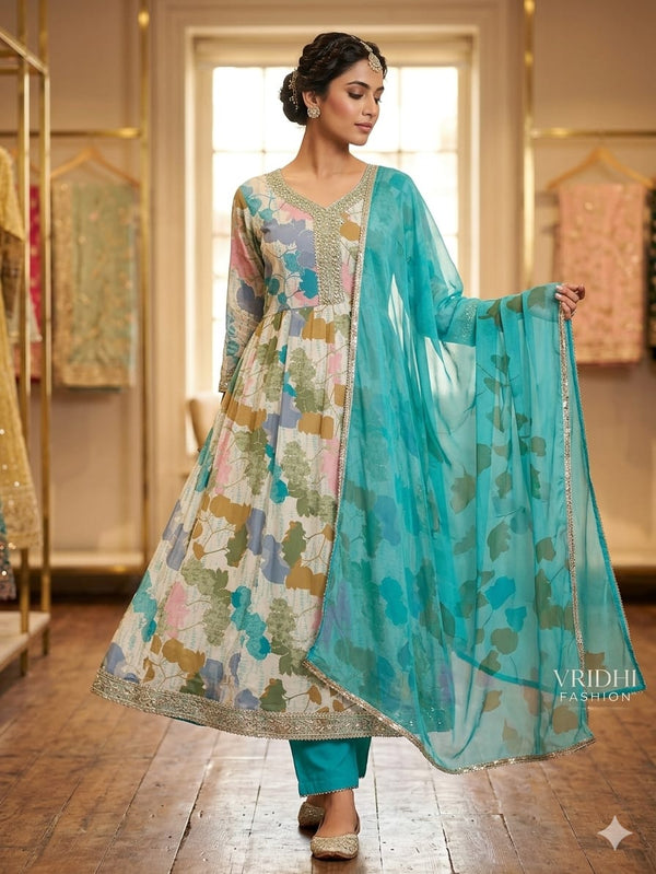 Full Stitched pure cotton anarkali with digital printing work and pure cotton bottom with pure chiffon dupatta