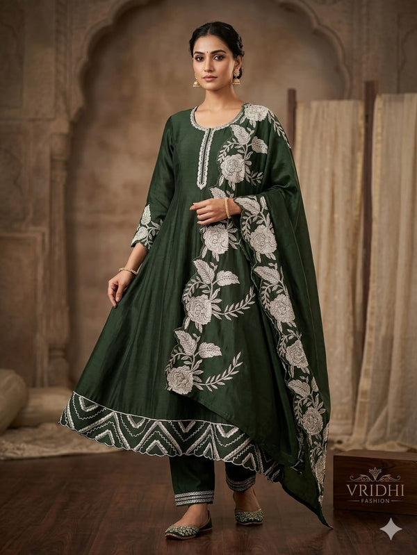 Full Stitched designer anarkali suit with all original zari work on pure shimer fabric with shimer bottom with very beautiful one side cut work border duppata